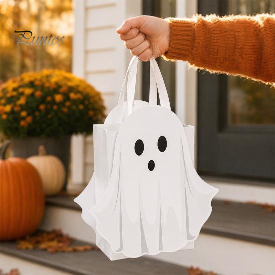 Paper Candy Bag Halloween Ghost Gift Bag, White Pouch with Cute Face, Trick or Party Favor Treat for Party, Kids Goodie Prizes