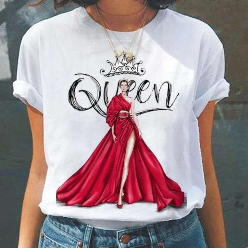 Camiseta de Verano de Cuello Redondo con Estampado 3D de Patrón de Reina, Camisetas de Mujer Casuales de Moda de Manga Corta