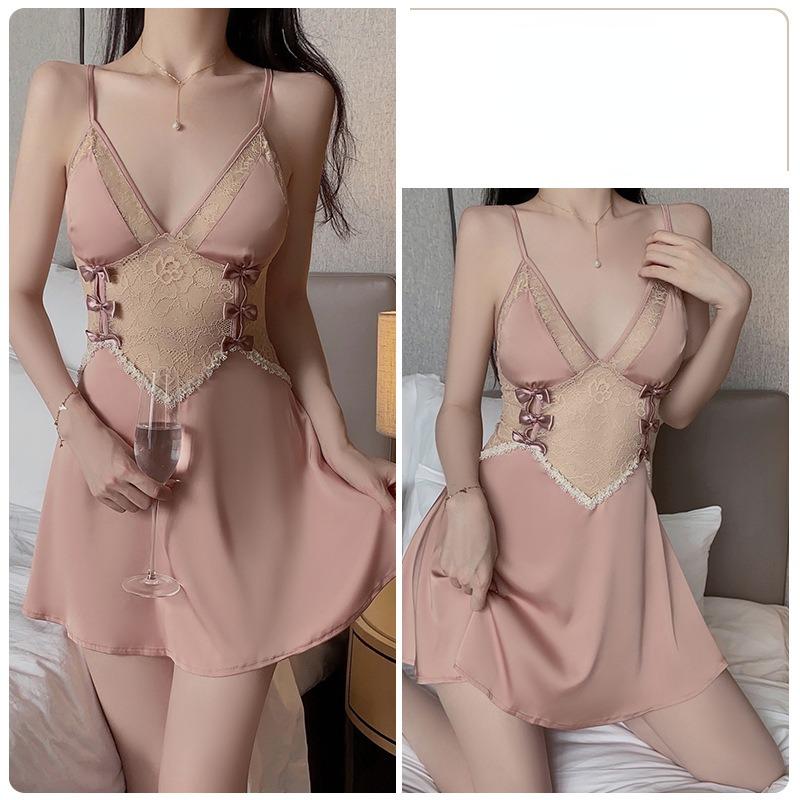 Sexy ryggløs forførende dyp V komfortabel pyjamas sløyfe stropp pyjamas kjole hjemme dress