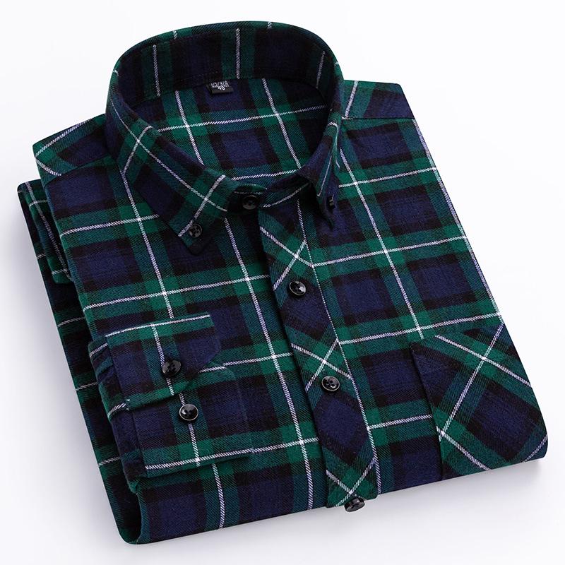 Men's Plus Size Pure Cotton Brushed Plaid Long Sleeve Shirt - Business Casual & Breathable