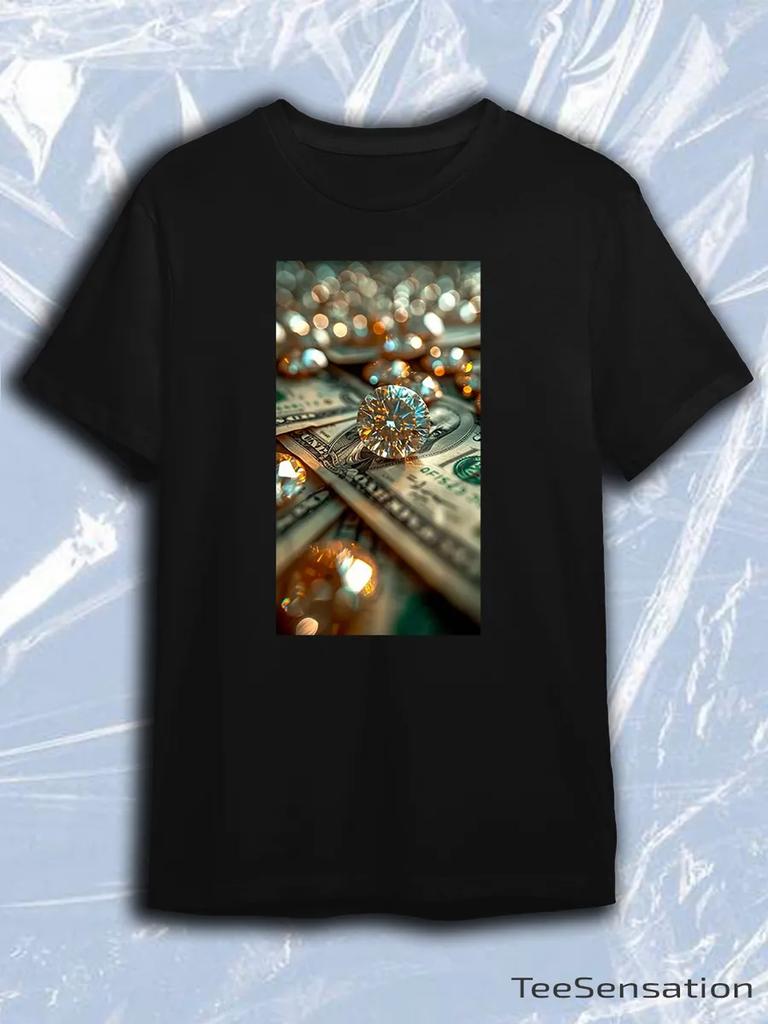 TeeSensation Black Crew Neck Short Sleeve T-Shirt with Diamonds on Dollar Bills Luxury Print
