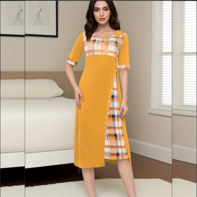 Plaid Print Splicing Dress, Casual Crew Neck Short Sleeve Summer Asymmetrical Dress, Women's Clothing