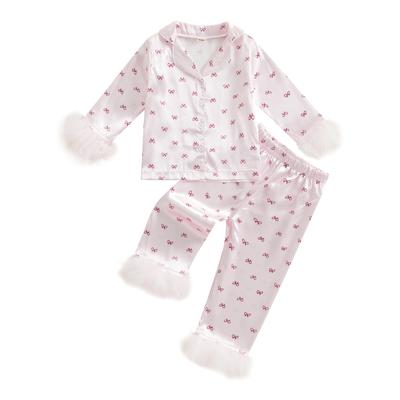 Girls 2PCS Pajama Sets Long Sleeve Lapel Push Cuff Bow Print Shirt Pants Sleepwear