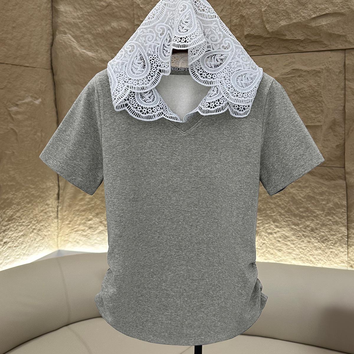 

Біла футболка з капюшоном, мереживом та коротким рукавом, жіноча, літня, нова, приталена, модна, на всі випадки життя L сірий колір