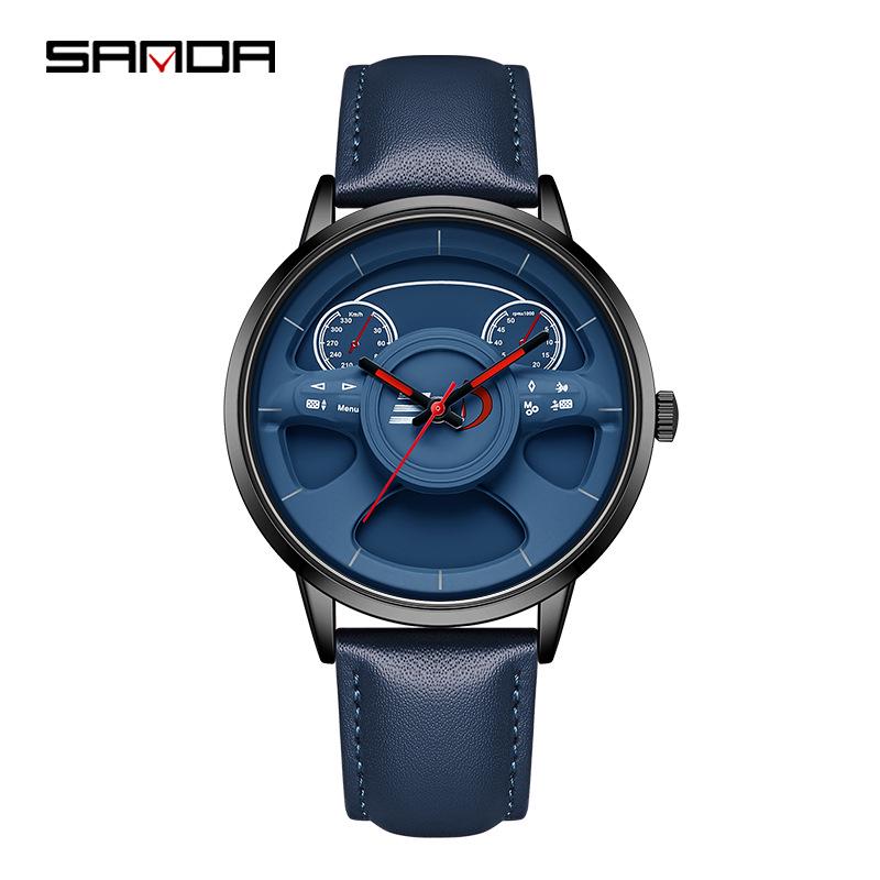 Sanda Men s Casual Quartz Watch with Leather Strap and Steering Wheel Design