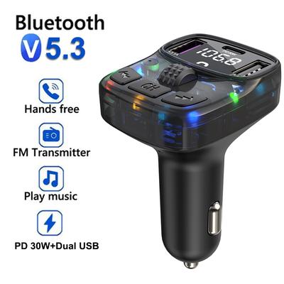 Auto-FM-Transmitter, 30 W PD Typ C, Dual-USB, schnelles Aufladen des Autos, Umgebungslicht, Bluetooth 5.3, Freisprecheinrichtung, MP3-Player, Auto-FM-Modulator