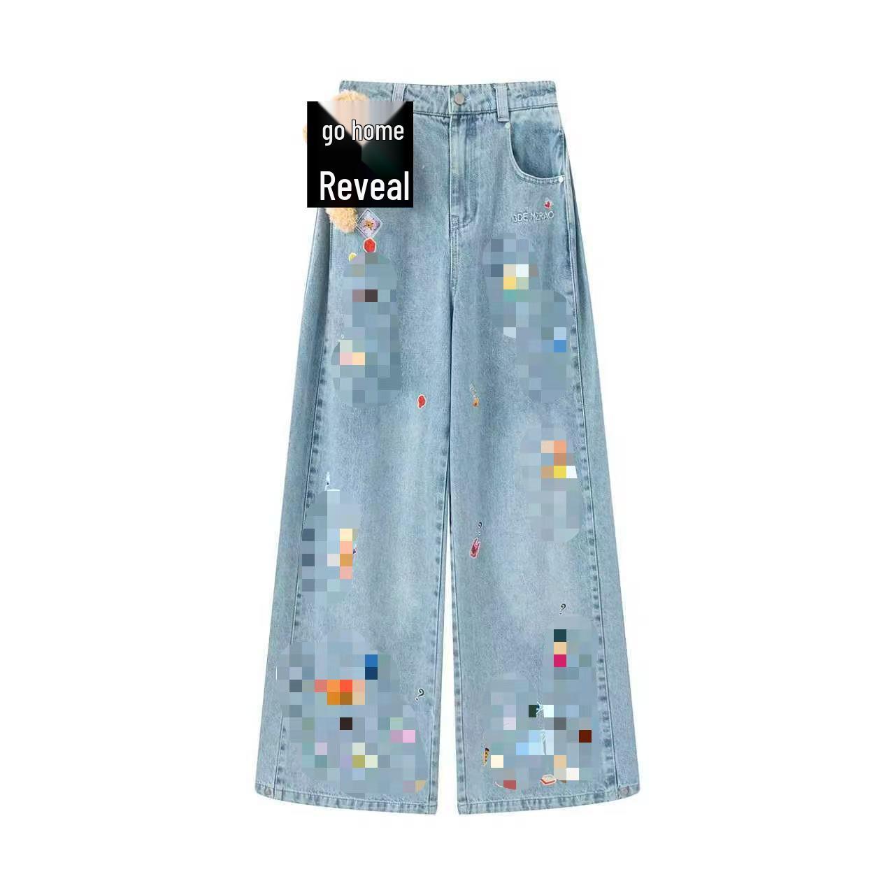 In Stock: Winter 2025 Retro Cartoon Little Bear Wide-Leg Pants - Fashionable Scimitar Jeans with Decal Stickers Medium