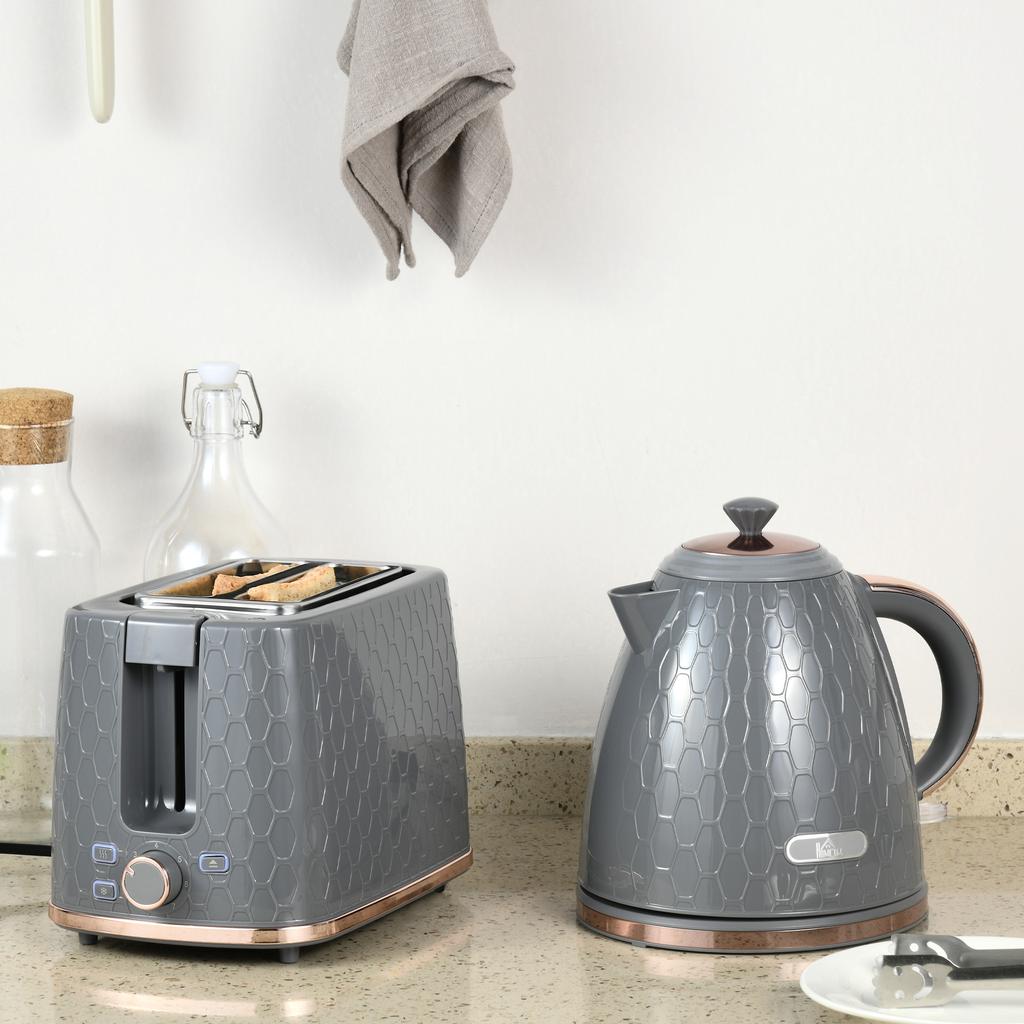 1.7L 3000W Fast Boil Kettle & 2 Slice Toaster Set, Kettle and Toaster Set with Auto Shut Off, Browning Controls, Grey