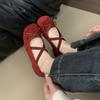 IPPEUM Burgundy Ballet Flats Shoes Women Buckle Round Toe Mary Jane Shoes Ballerinas Zapatos Mujer
