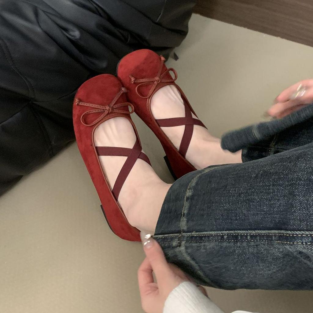 IPPEUM Burgundy Ballet Flats Shoes Women Buckle Round Toe Mary Jane Shoes Ballerinas Zapatos Mujer