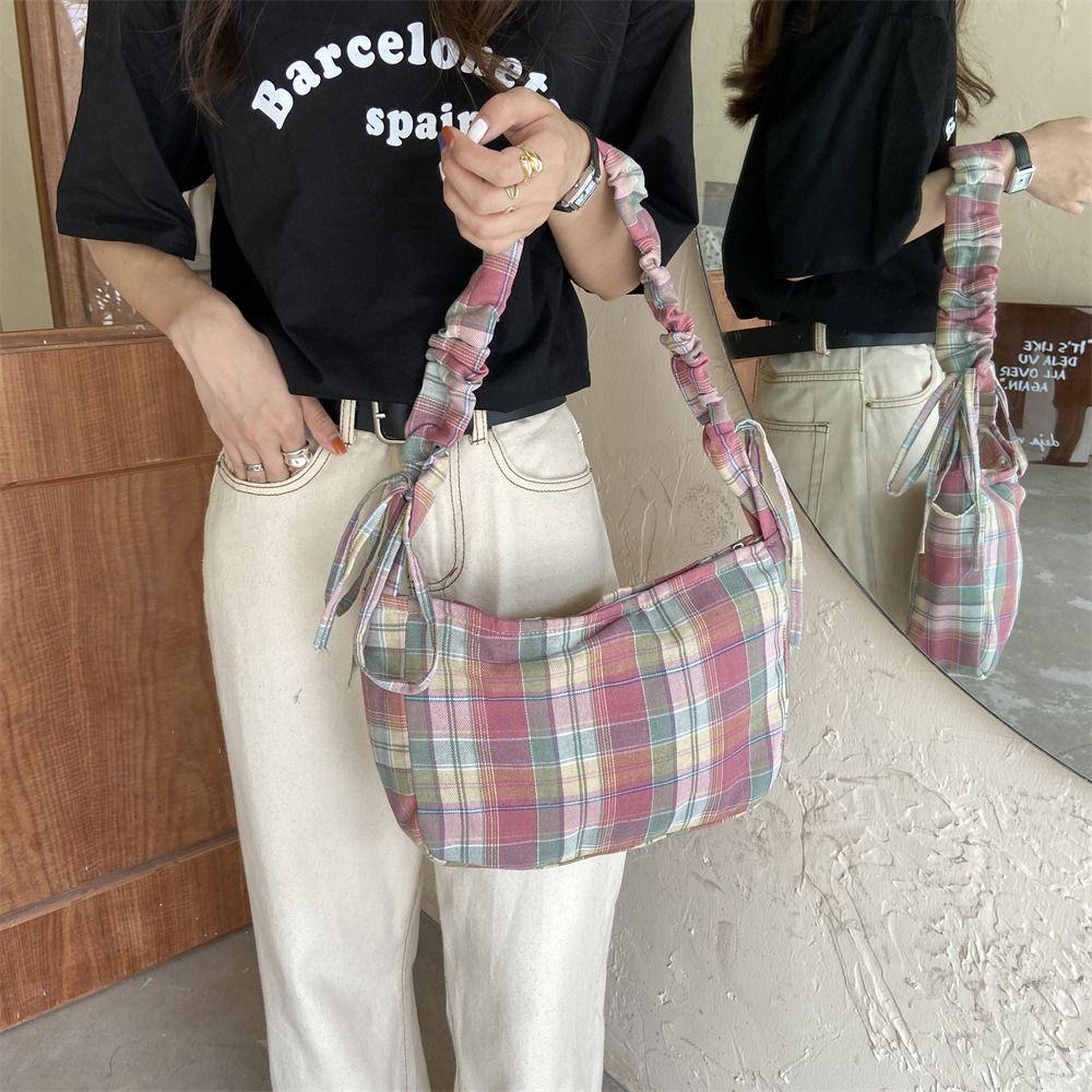 Sweet Pleated Dumpling Bag Large Capacity Women Chic Underarm Bag Cute Lattice Tote Bag Outdoor