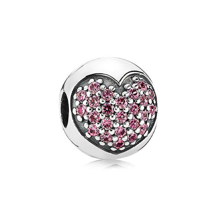 Pandora Pink Heart-Shaped Paved Silver Fixed Clasp Unisex Jewelry 791053CZS Box,F,Silver/Pink