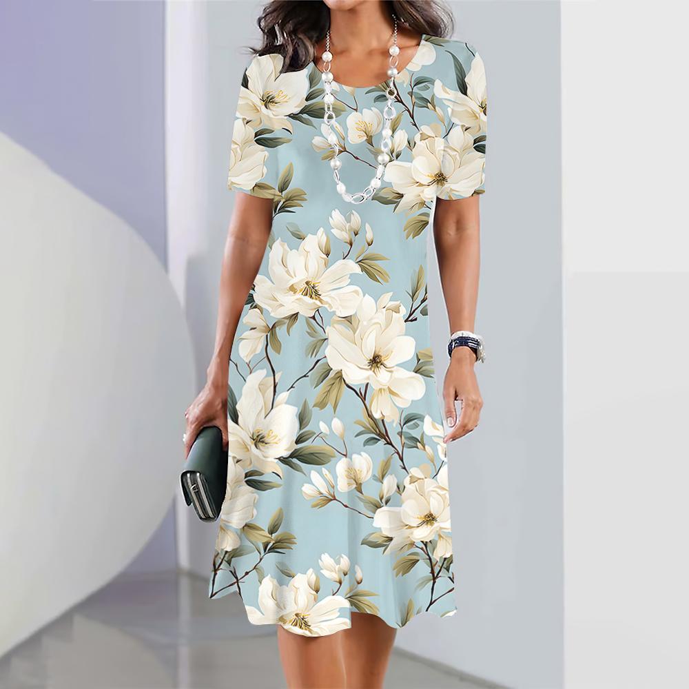 2026 Neue Mode Damen 3D Blumendruck Kleid Kurzärmelig Elegant O-Ausschnitt Kleid Streetwear Lockeres Kleid