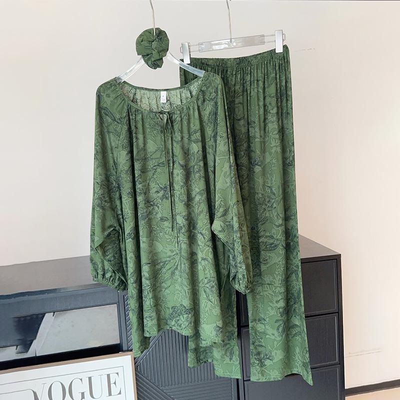 2025 Women's Lyocell-Cotton Pajama Set: Round Neck, Long Sleeve, Thin Pants, Simple Print