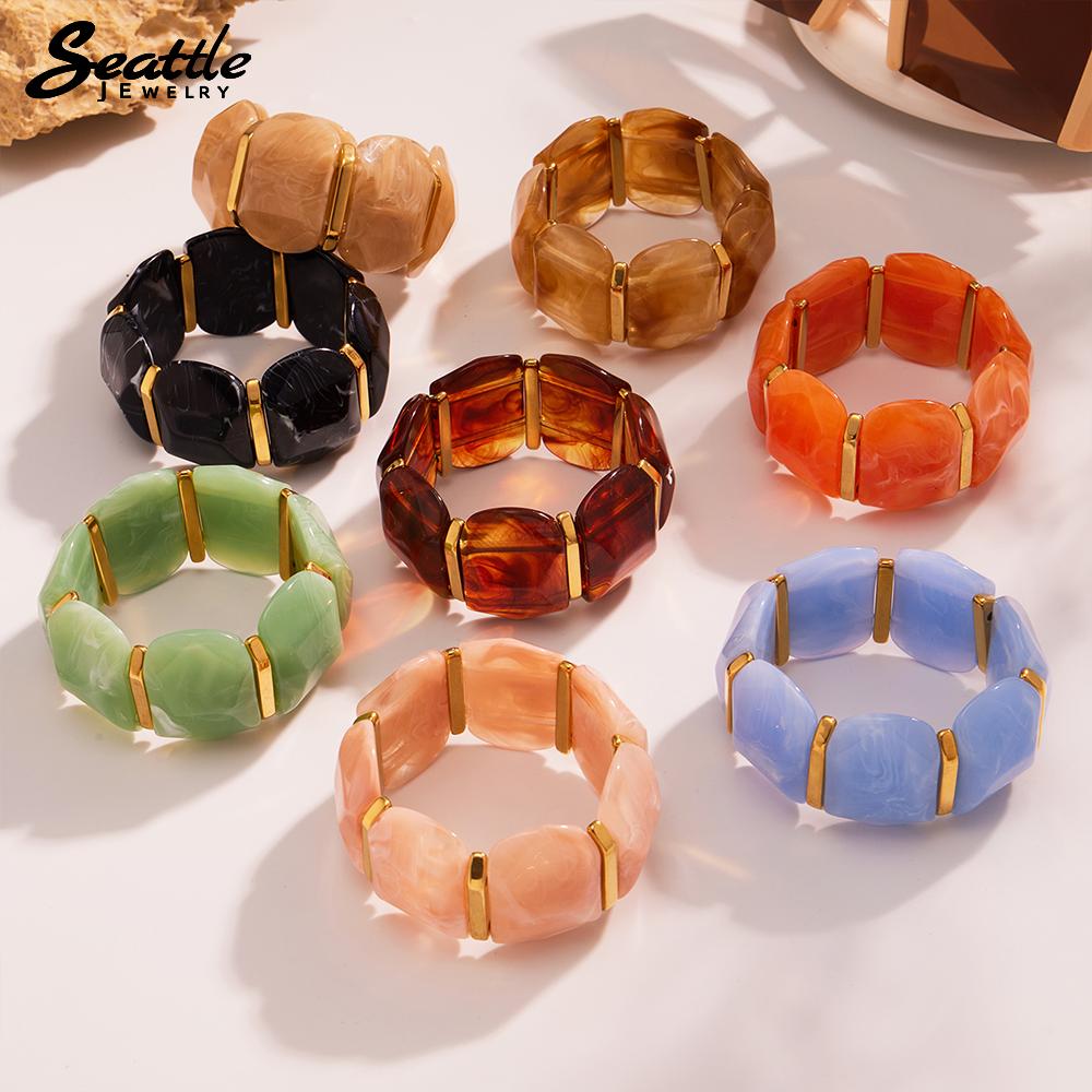 Fashion Colorful Resin Waterproof Wide Bangle Women's Punk-style 316 Stainless Steel Gold-plated Chunky Bracelet Y2K Zircon