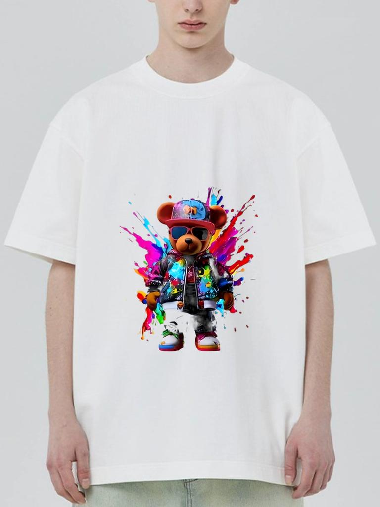 Black T Shirt with Colorful Bear Graphic Print for Casual Wear