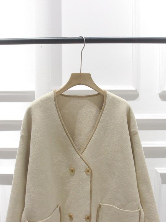 Korean V-Neck Loose Double-Breasted Color Block Knit Cardigan