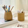 Huaqianguhh Faux Rattan Pen Holder, Woven Style Makeup Brush Boho Desktop Organizer, Multi-functional Resin Pencil Cup for Home Office