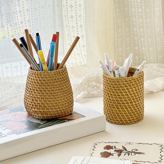 Huaqianguhh Faux Rattan Pen Holder, Woven Style Makeup Brush Boho Desktop Organizer, Multi-functional Resin Pencil Cup for Home Office