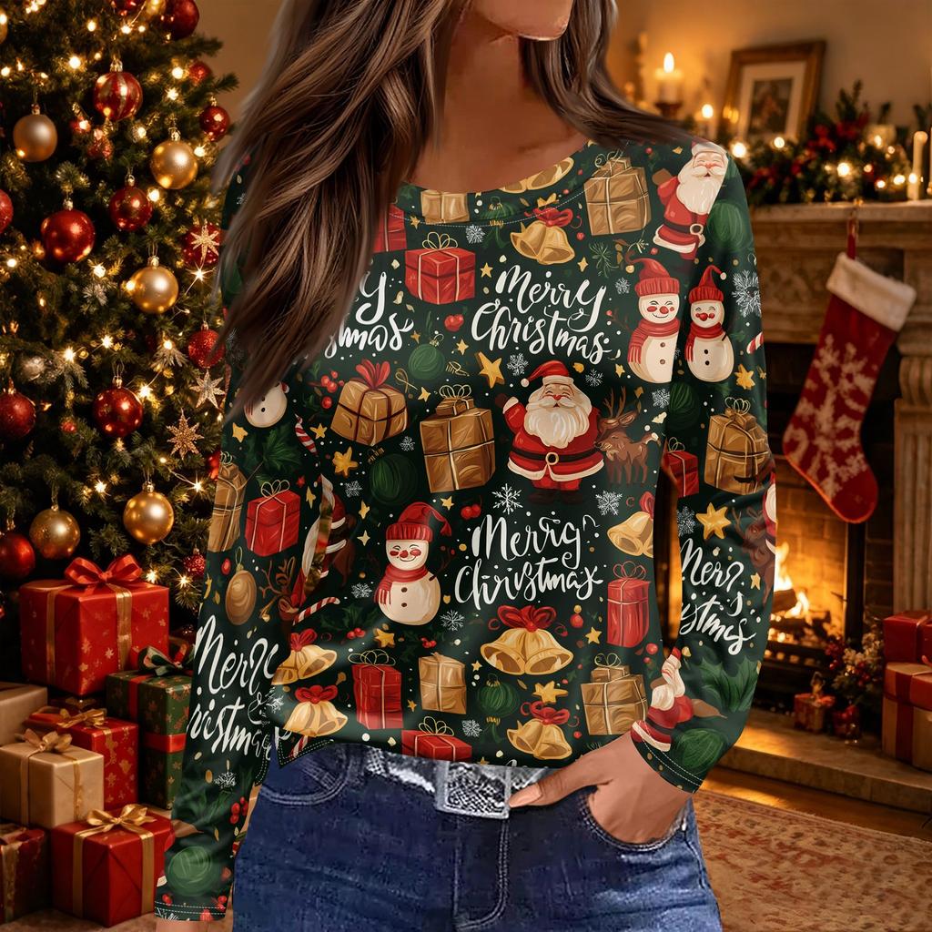 Women's Long Sleeve Christmas Tree Print Top with Side Slit Hem and Round Neck - Holiday Casual Blouse