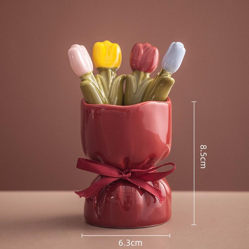 

Creative and Cute Flowers Tulip Stainless Steel Fruit Fork Cutlery Fork Cartoon Bouquet Storage Set Food Decoration