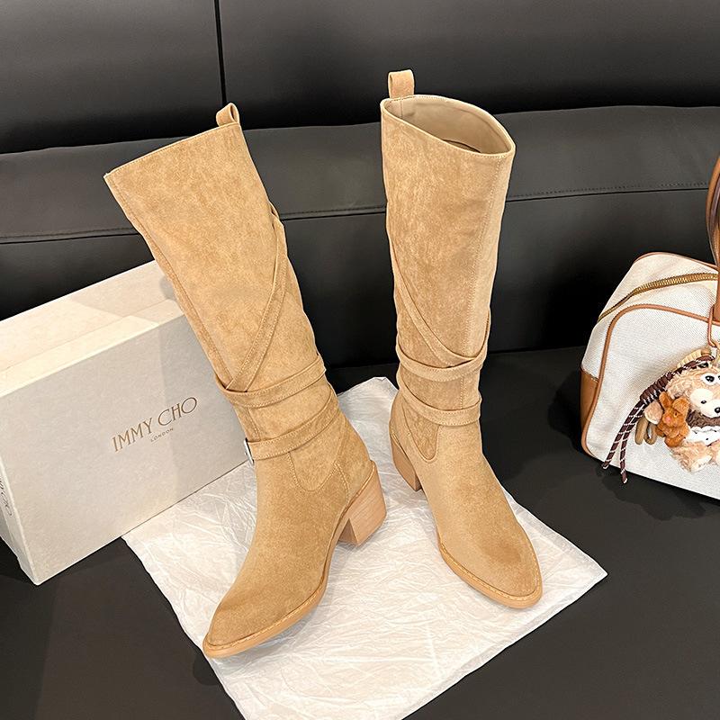 Cowhide version~ Maillard strap buckle thick heel high knight boots women's autumn and winter new suede pointed western boots
