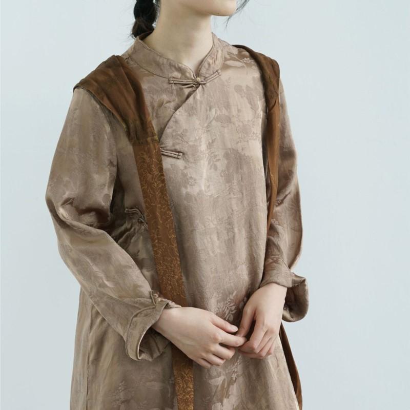 Johnature Women Vintage Stand Long Sleeve Dresses Chinese Style Button Jacquard A-Line Summer High Quality Dress