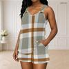 Women Plus Size Red Plaid Printed Sleeveless V Neck Ring Strap Tank Top And Pocket Shorts Two Piece Set