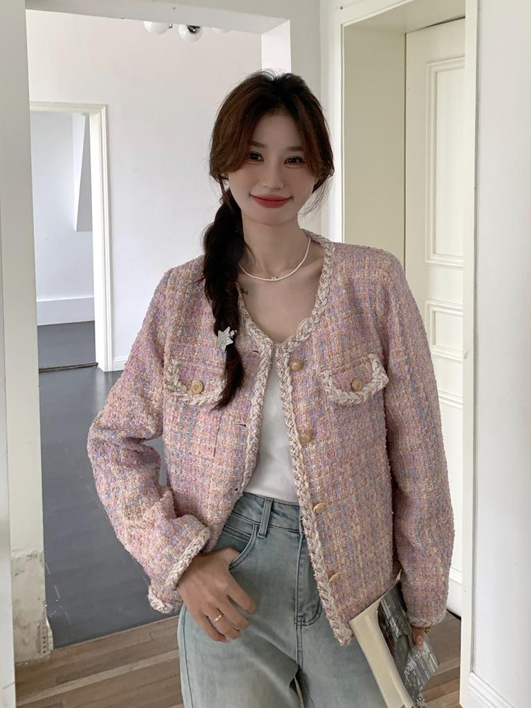 Pink Xiaoxiangfeng Jacket, Spring and Autumn Women's New Korean Sweet Celebrity Style Age-reducing Tweed Short Top