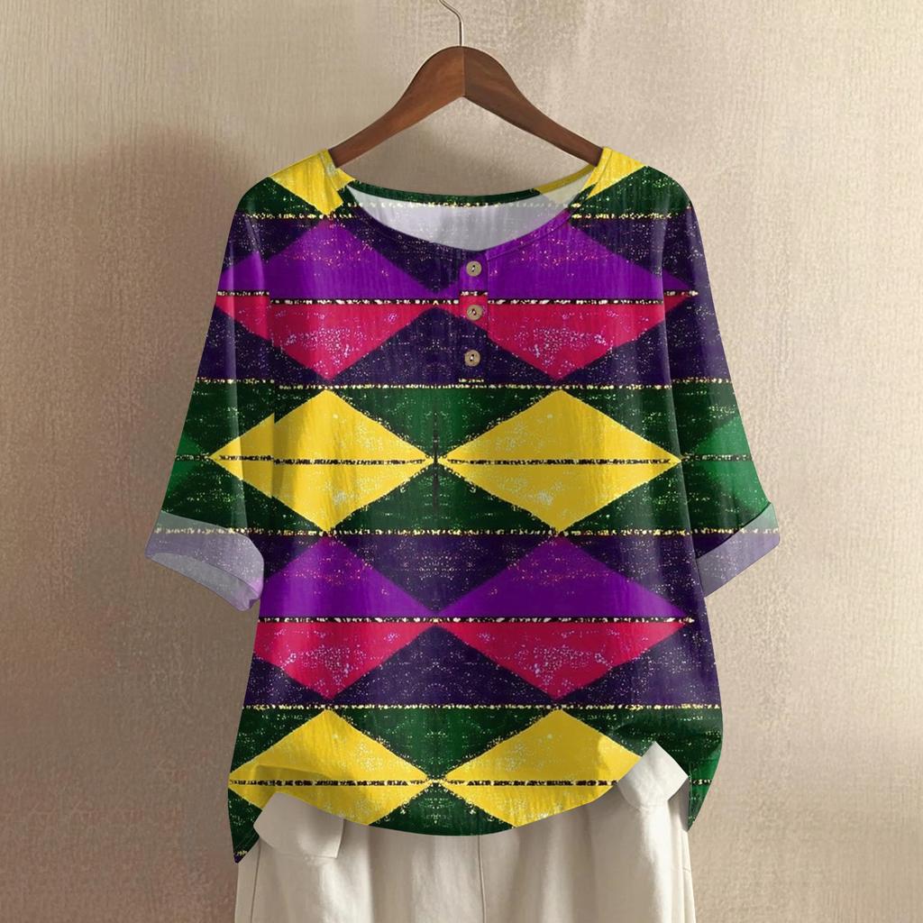 Damska Modna I Codzienna Koszula Z Krótkim Rękawem Z Okrągłym Dekoltem Bawełniana I Lniana Bluzka Top