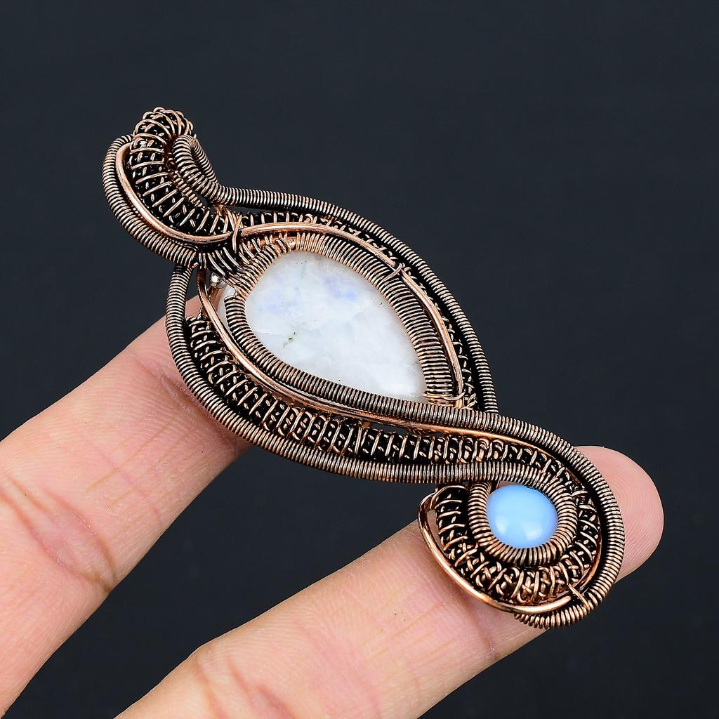 Natural Rose Quartz, Milky Opal Handmade Copper Wire Wrap Pendant 3.15 O7w15