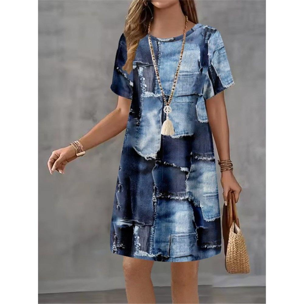 Fashion Elegant T-shirt Dress Summer Women's Casual Comfortable Soft Breathable Dress Colorful Creative Pattern Round Neck Plus Size Loose Dress