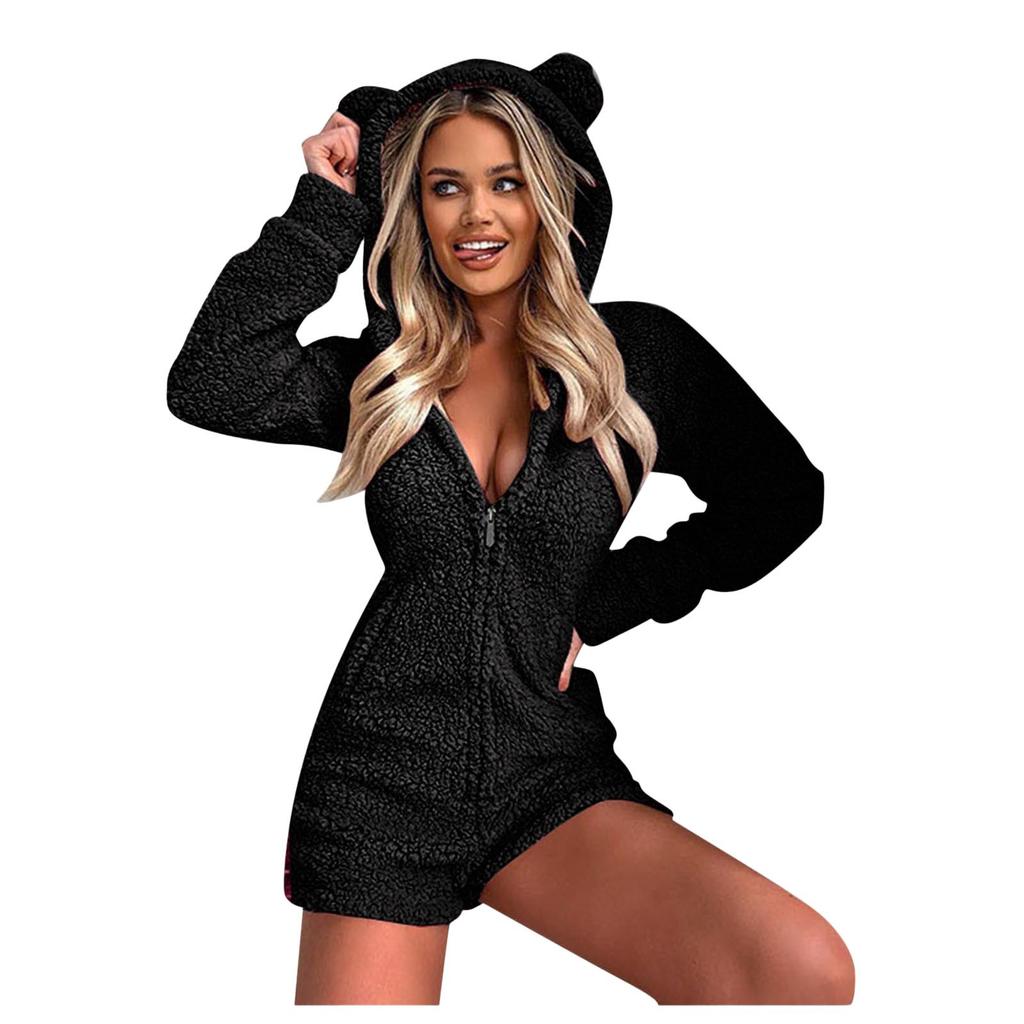 Women Long Sleeve Hooded Jumpsuit Pajamas Casual Winter Warm Rompe Sleepwear