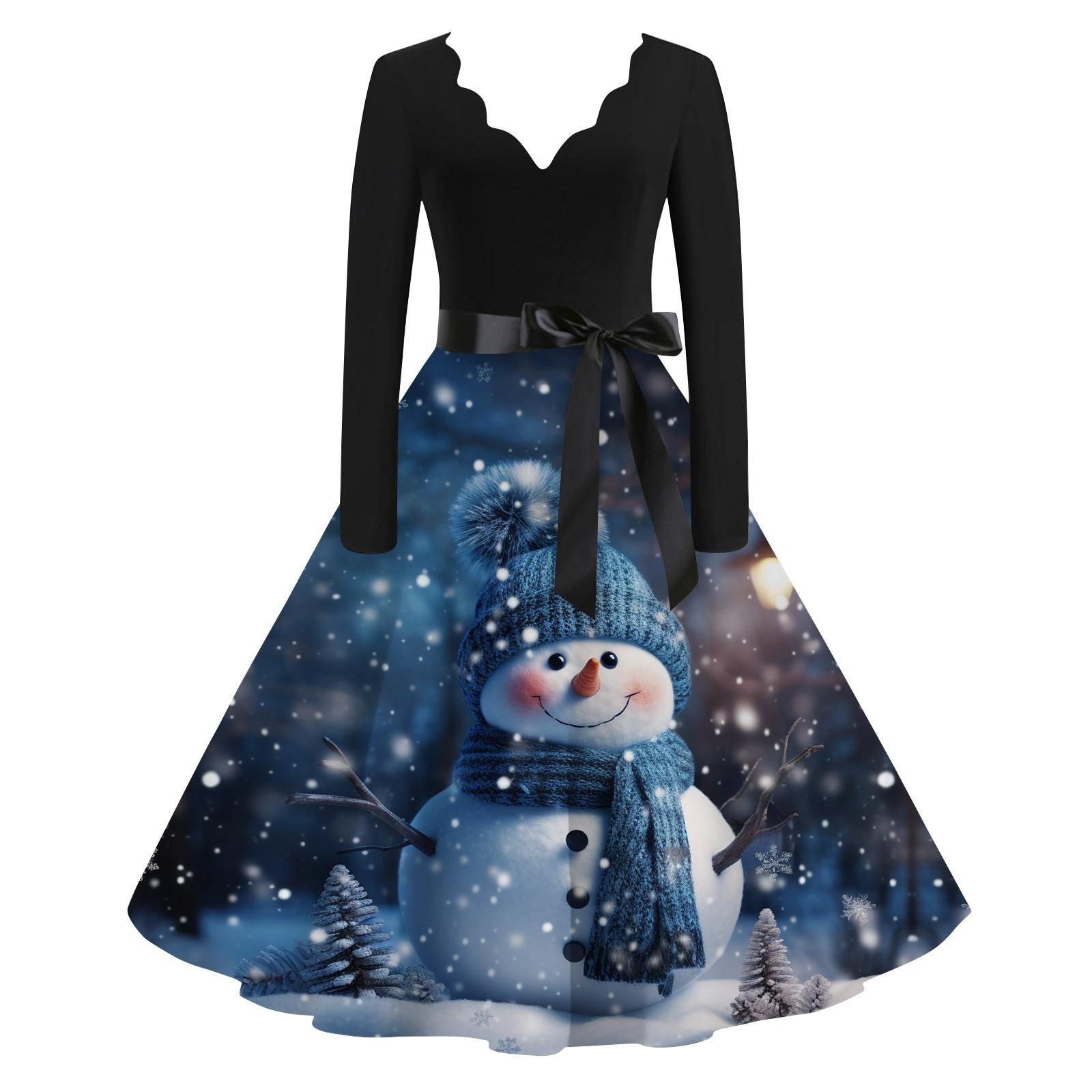 Женское повседневное и модное рождественское платье с V-образным вырезом и большим подолом — фото 6