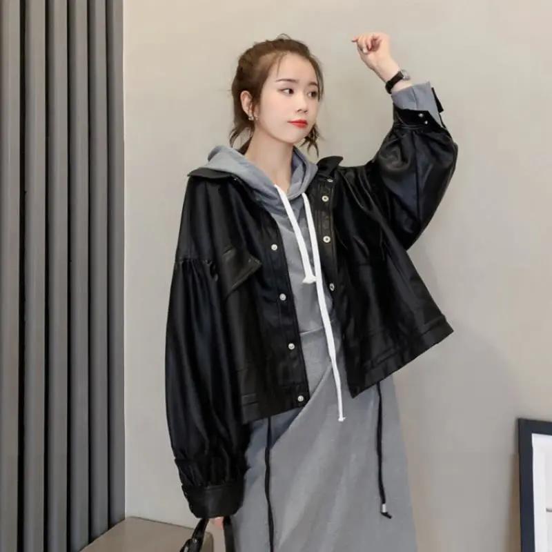 Ladies Spring and Autumn Solid Color Loose PU Jacket Short Lapel Long-sleeved Jacket