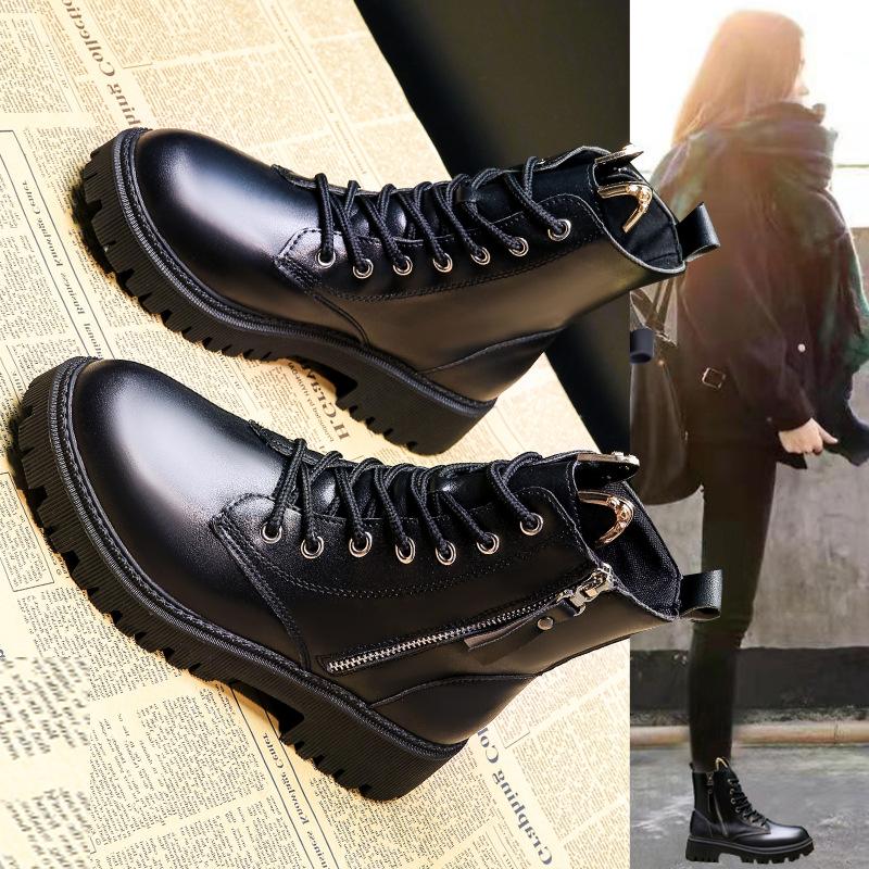 

Inner height-increasing Martin boots women s 2025 new versatile short boots black straps Korean version side zipper round head middle heel single boot 35 чёрный