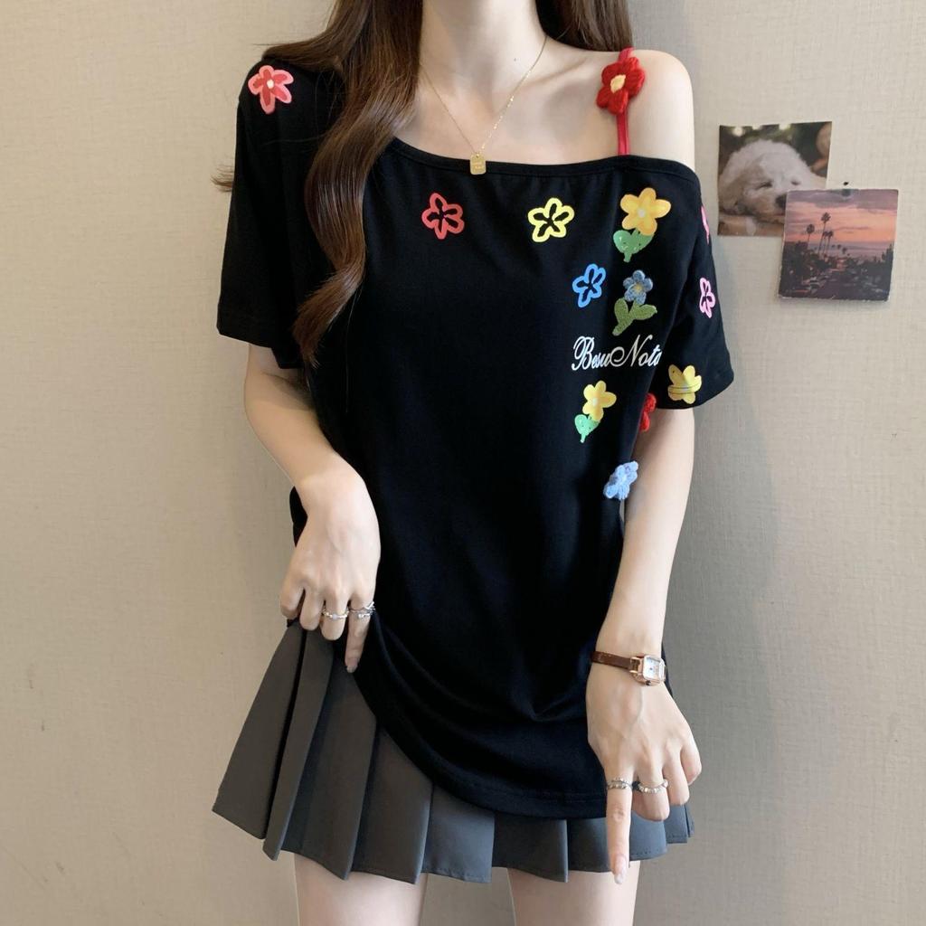Women's Plus Size Floral Embroidered Off-Shoulder Short Sleeve Top - Summer 2025 Fashion
