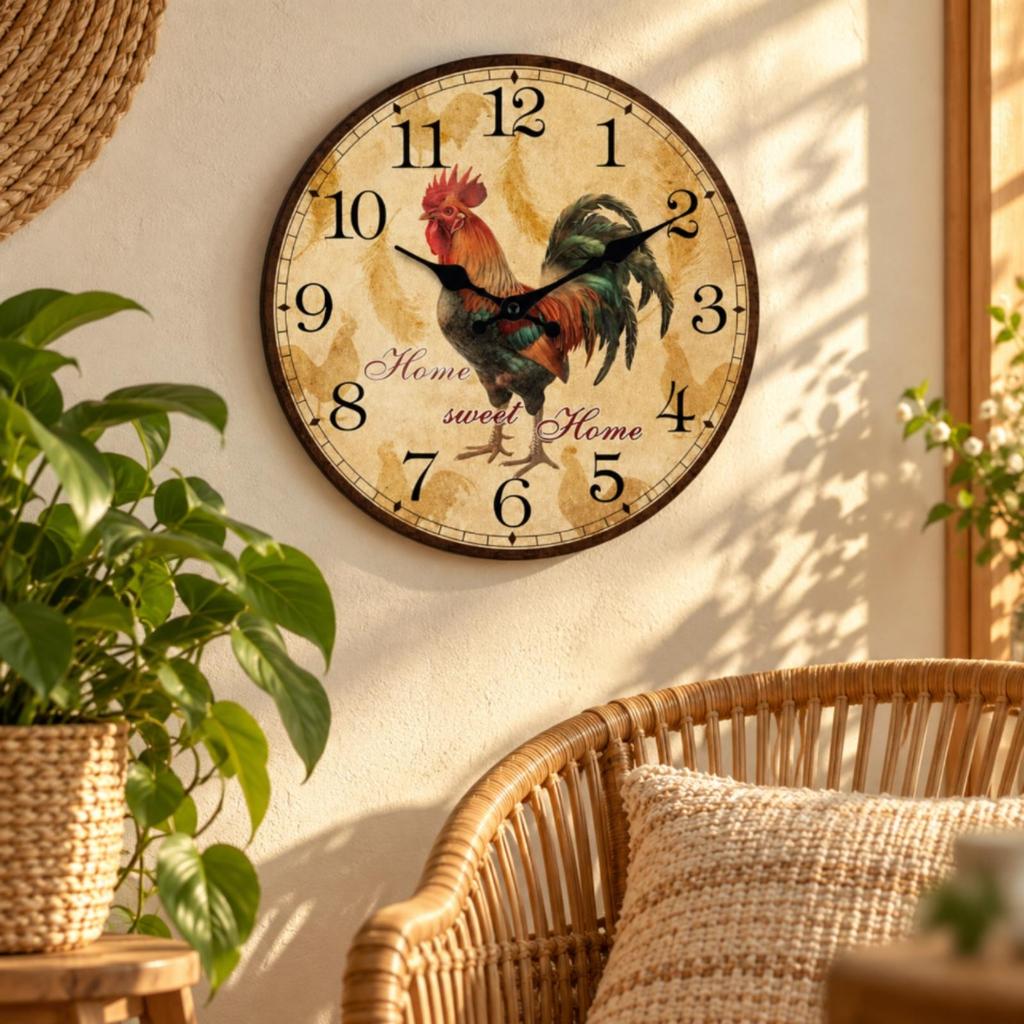 Decorative Wall Clock with Cockerel Illustration Accurate Time for Kitchen
