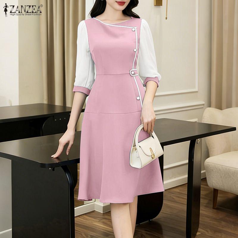ZANZEA Women Casual Round Neck Splice 3/4 Sleeve Elegant Dress