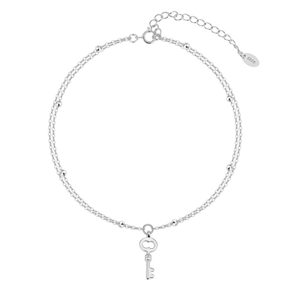 ORSA JEWELS Elegant Layered S925 Silver Satellite Anklet with Key Pendant for Women Summer Foot Chain Straps Jewelry SA102