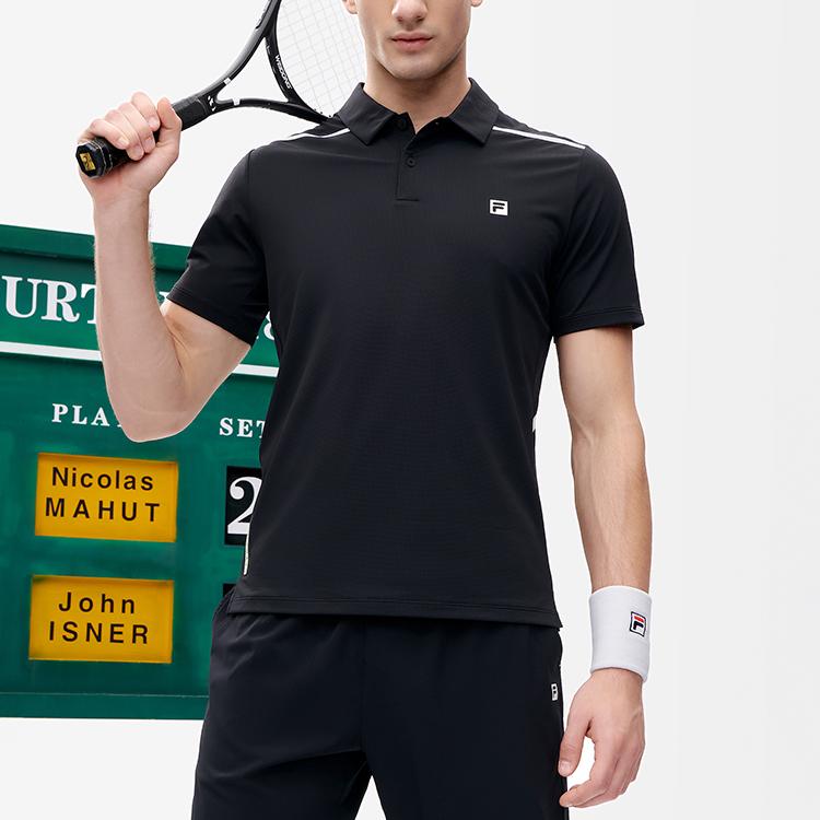 FILA Athletics Moisture Wicking Tennis Casual Sports Knit Solid Color Logo Short Sleeve Polo Shirt Men Polo Shirts Deep-Black A11M223113FBK