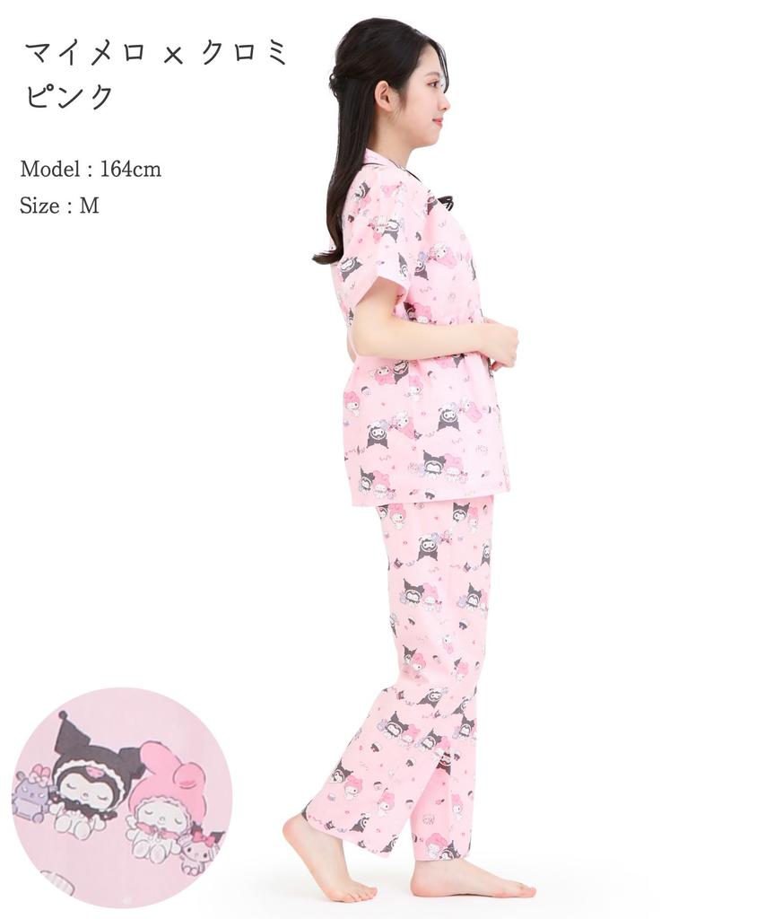 SAZAC Angel My Melody x Kuromi Shirt Cotton Short Sleeve and Long Pants Loungewear Pajamas, 100% Broadcloth, Women's Set, (Pink/M/SAN1947)