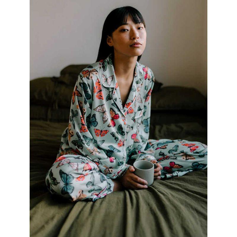 

French Accessible Luxury ~ Genoa Butterfly Silk-like Silks and Satins Pajamas Women s Suit Long Sleeves Pants Artistic Home Wear Genoa butterfly L