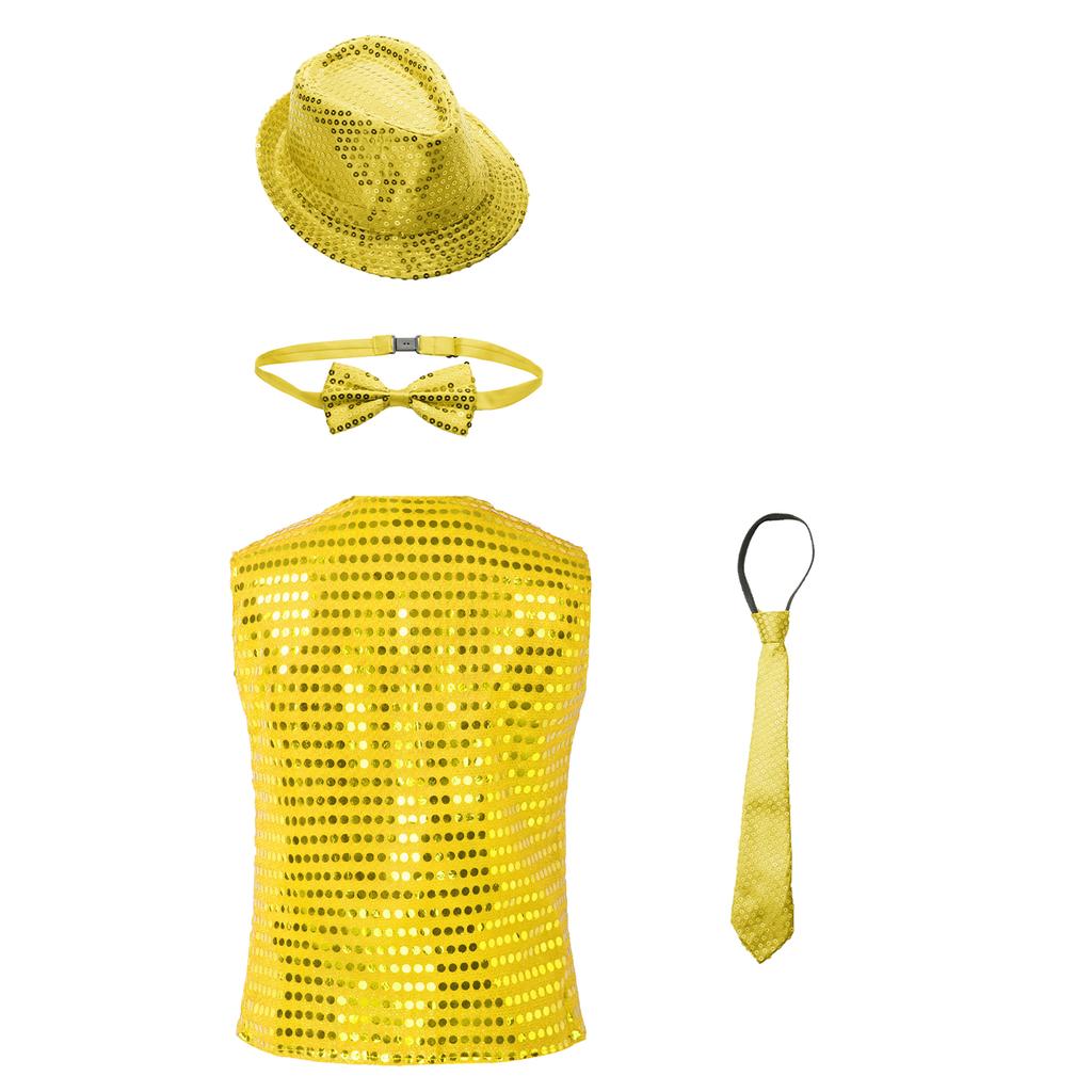 Boys Jazz Dance Vest Sparkling Sequin Sleeveless V Neckline Buttons Design Performance Wear Hat Bowtie