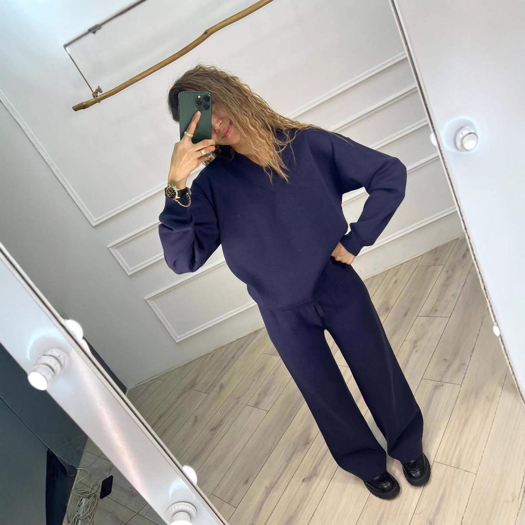 2025 Cross-border European and American Women's Clothing Amazon Crew Neck Commuter Knitted Top Sports Sweater Loose Wide-leg Pants