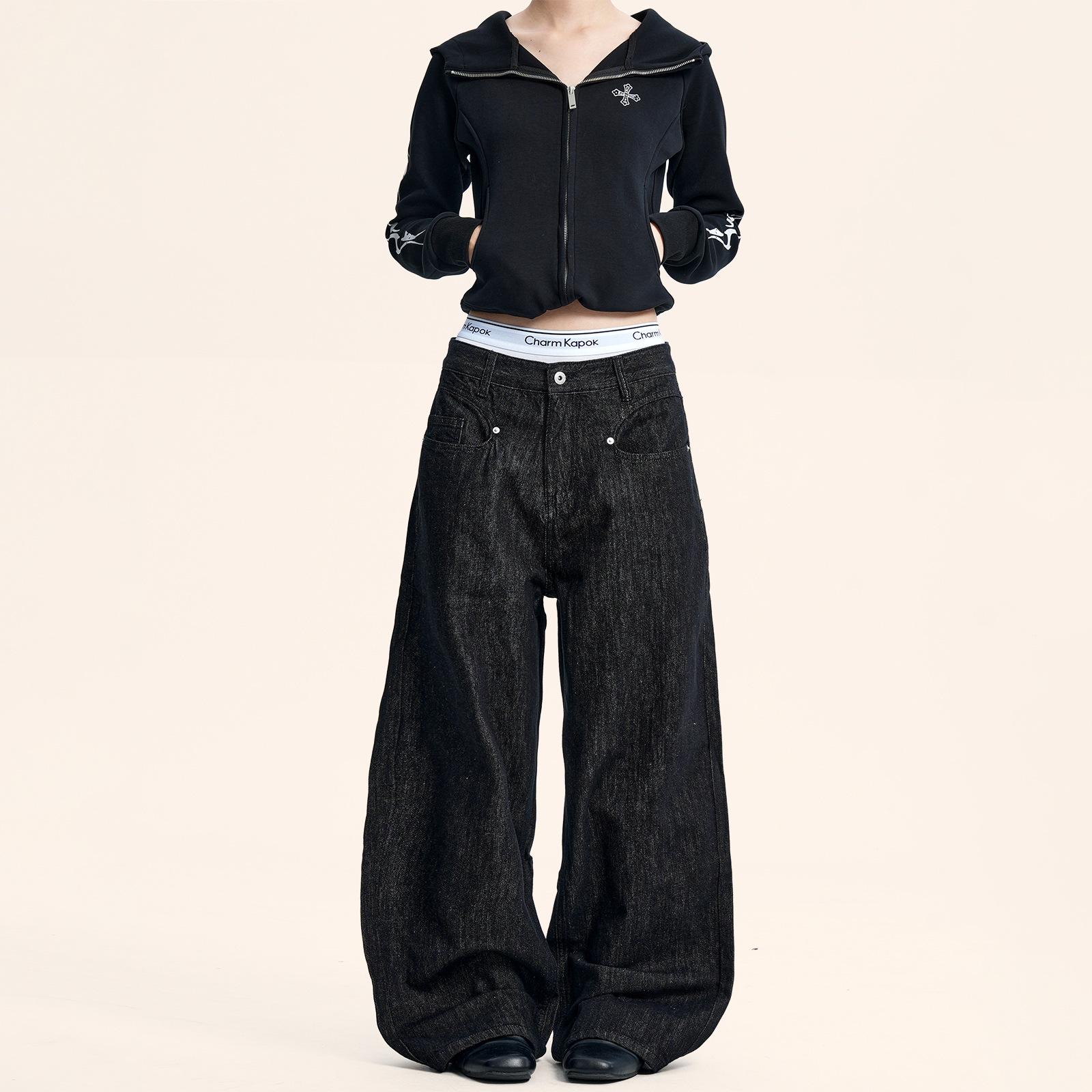 

Yongfang Унисекс Ретро Черные Джинсы с Текстурой Бамбука - Простые, Повседневные Прямые Брюки M чёрный