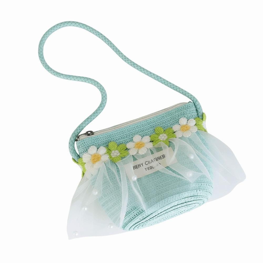Wide Brim Children Sun Hat Pearl Decoration Breathable Material Sun Hat Straw Material Lace Trim Shoulder Bag Girls Accessories