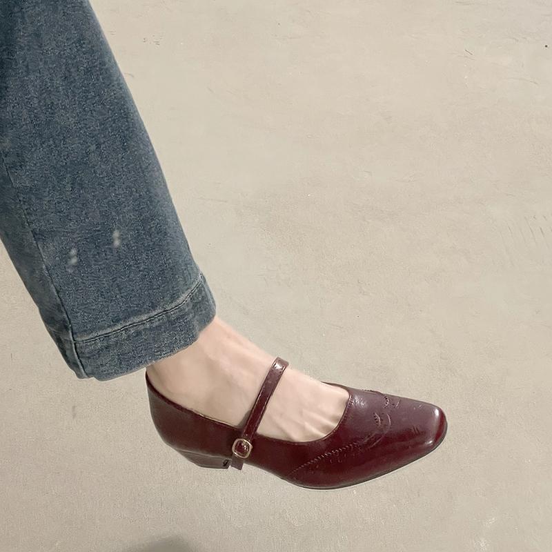 Vintage Square Toe Thick Heel Women Mary Jane Shoes Concise Buckle Strap Shoes 2026 New Female Elegant Dress Leather Pumps