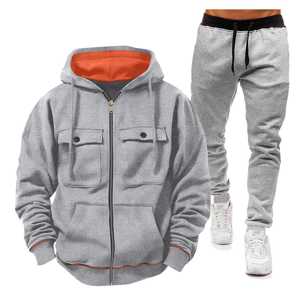 Pánská fleecová mikina s kapucí, sada se zapínáním na zip s dvojitou kapsou a plyšovou podšívkou - Ležérní sportovní oblečení
