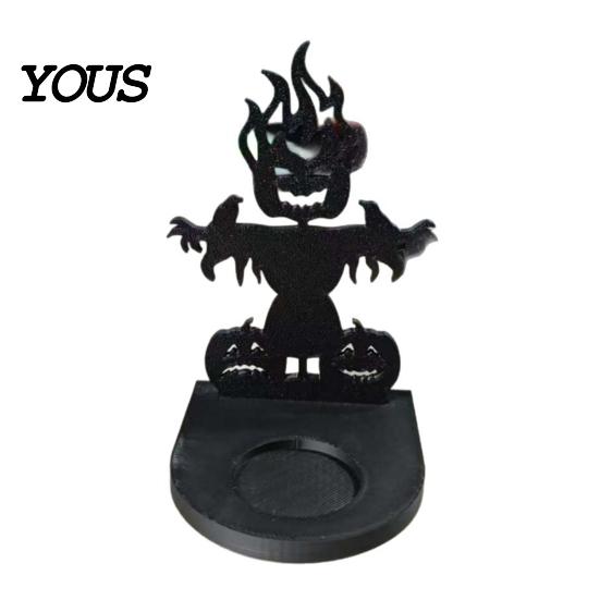 Halloween Candle Holder 3D Printed Ghost Scarecrow Holder, Decor with Pumpkin & Crow Design, Matte Accessory Black One-Piece Craft, Round